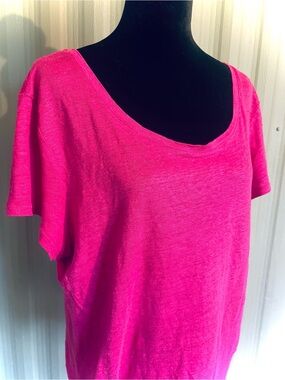 Habitat 100% Linen Top Hot Pink Short Sleeve Twist Front Slub Knit Shirt sz L